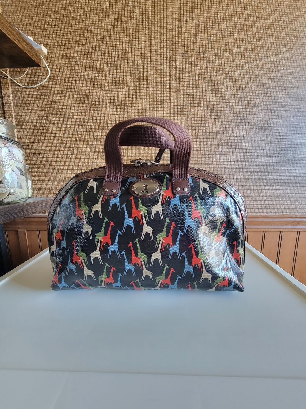 Fossil Multicolor Giraffe Print Dome Toiletry Bag - Brown Handles